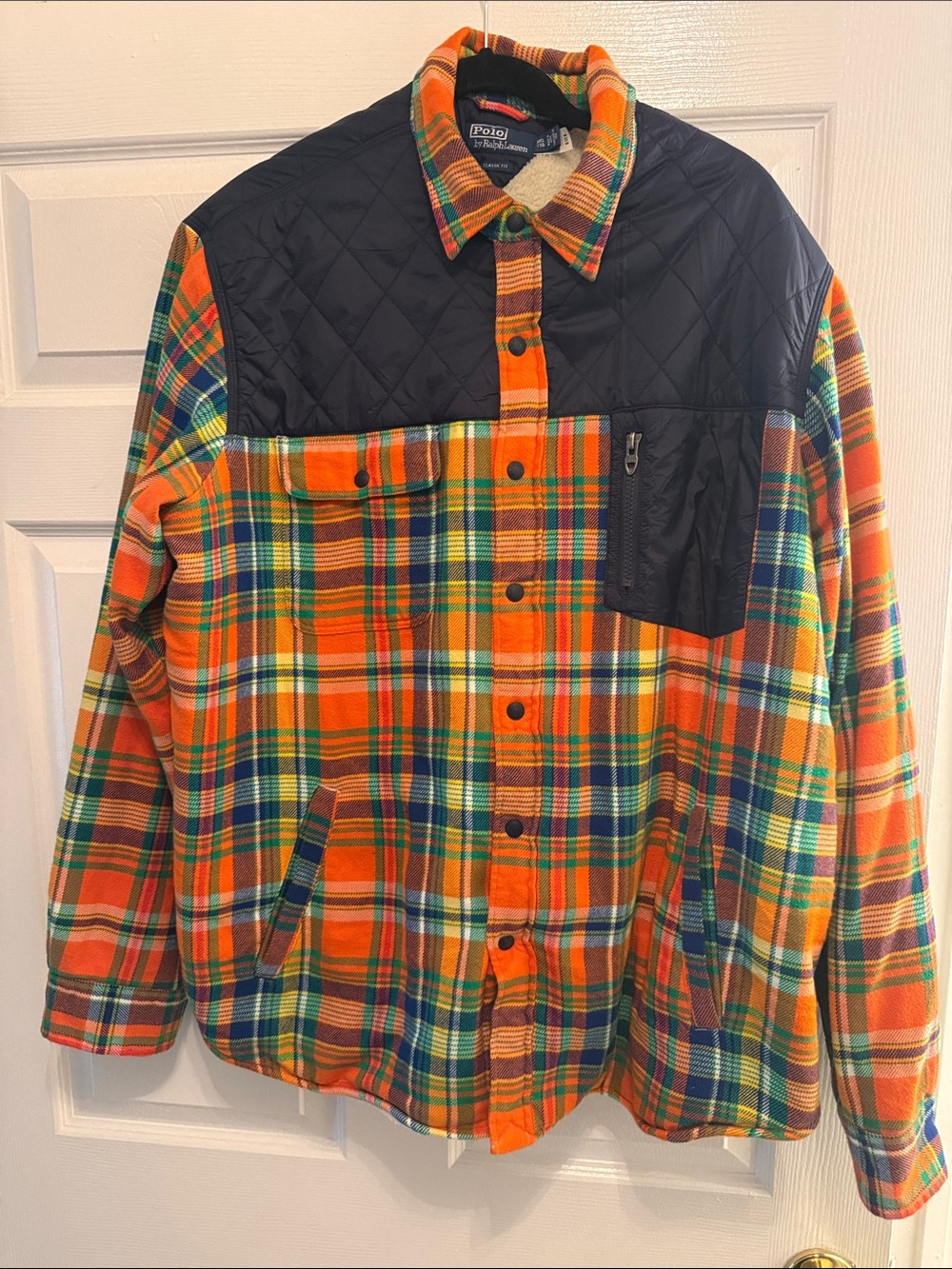 Vintage Polo by Ralph Lauren Orange Plaid Quilted Yoke Flannel Shirt Jacket